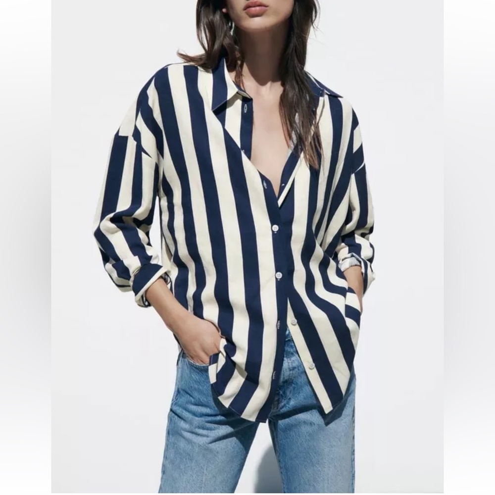 ZARA Linen Blend Stripe Button Down Shirt Size Medium
